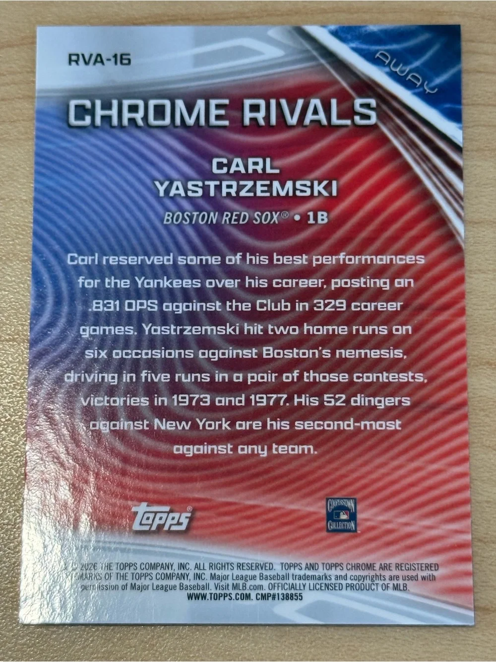 2026 Topps Chrome Carl Yastrzemski Chrome Rivals Away #RVA-16 Boston Red Sox